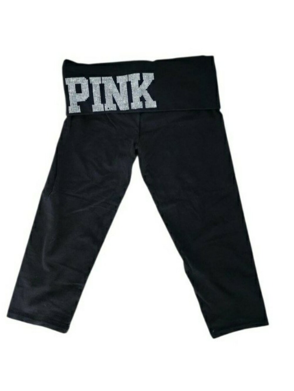 PINK Victoria's Secret Black Capri Fold-Over Leggings with Rhinestone Logo